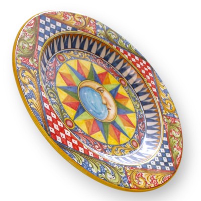 Caltagirone ornamental rimmed plate, Ø 55 cm approx., with Moon, Sicilian Cart and Baroque decorations. - 