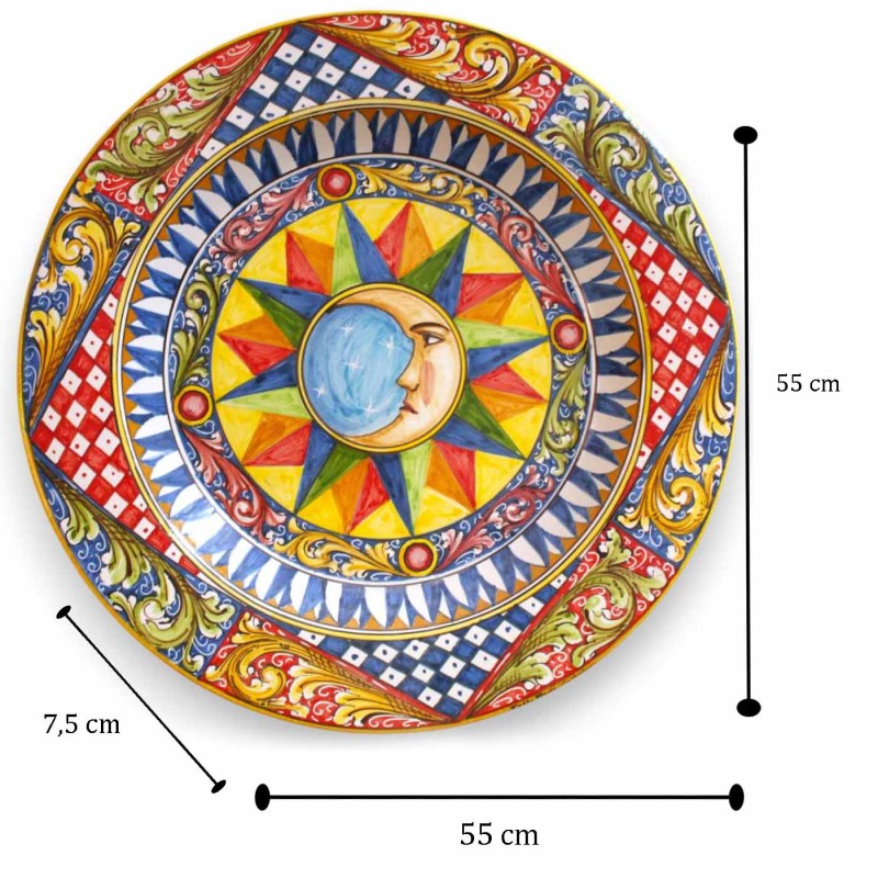 Caltagirone ornamental rimmed plate, Ø 55 cm approx., with Moon, Sicilian Cart and Baroque decorations. - 