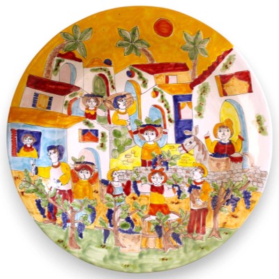 Ornamental rimmed plate, fine Sicilian ceramic, Ø 63 cm approx., Harvest Scene decoration - 
