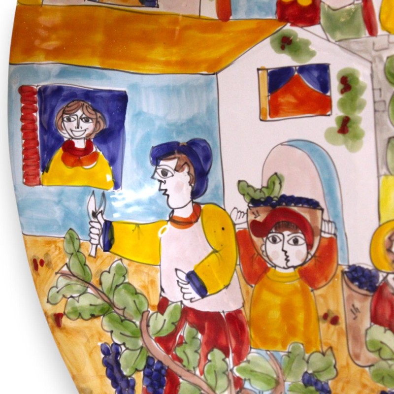 Ornamental rimmed plate, fine Sicilian ceramic, Ø 63 cm approx., Harvest Scene decoration - 