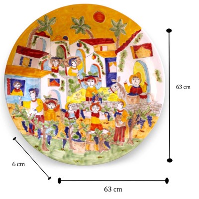 Ornamental rimmed plate, fine Sicilian ceramic, Ø 63 cm approx., Harvest Scene decoration - 