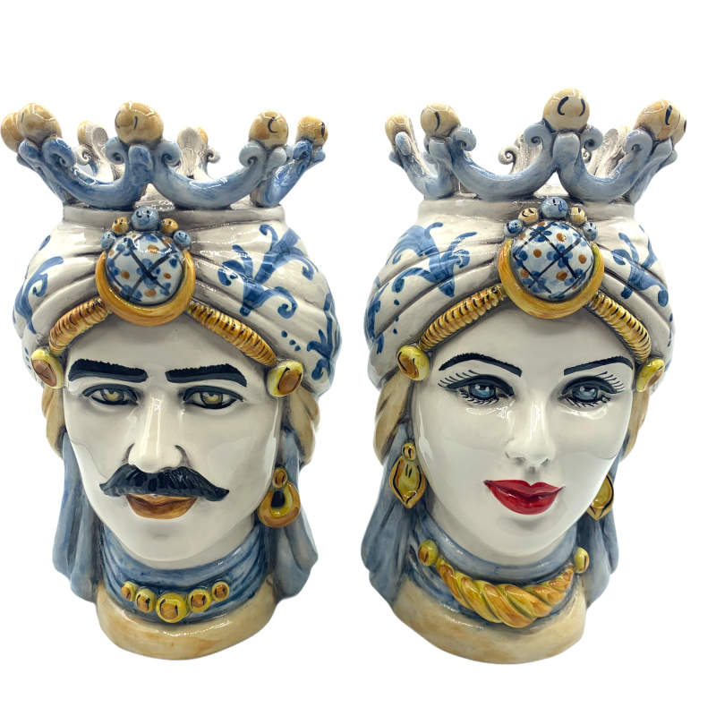 Paar dunkelbraune Caltagirone-Köpfe mit Krone – Höhe 25 cm. Klassische Krone mit blauer Verzierung - 