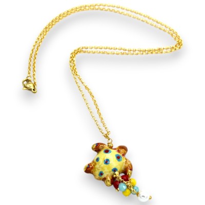 Colar de aço com tartaruga de cerâmica Caltagirone, comprimento aprox. 48 + 4 cm, pérolas scaramazze e pedras naturais -