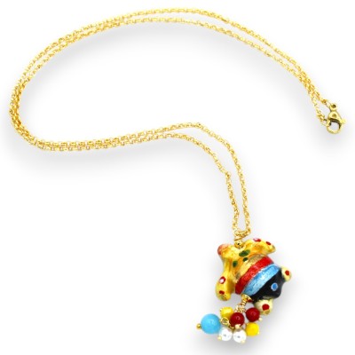 Collar de acero con tortuga en fina cerámica de Caltagirone, largo aprox. 48 cm + 4 cm, perlas y piedras naturales. - 
