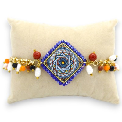 Pulseira de aço, azulejo de pedra vulcânica azul, aprox. 22 cm de comprimento com pedras naturais - 
