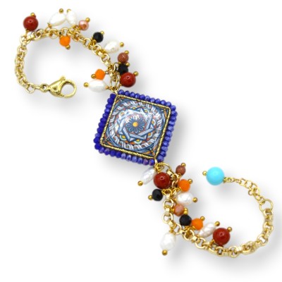 Stahlarmband, blaue Lavasteinfliese, ca. 22 cm lang mit Natursteinen - 