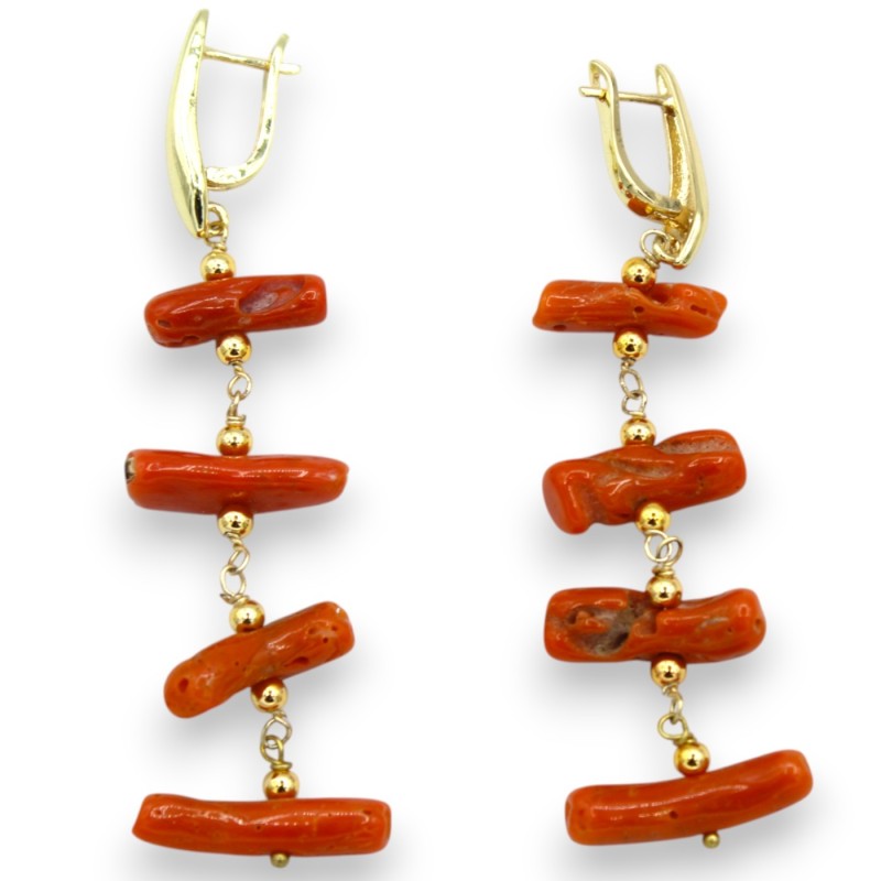 Orecchini in Argento 925 placcati oro, h 8 cm ca. Corallo con montatura a Lisca di Pesce - 