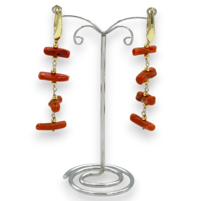 Orecchini in Argento 925 placcati oro, h 8 cm ca. Corallo con montatura a Lisca di Pesce - 
