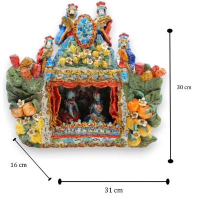 Théâtre de marionnettes sicilien, h 30 x 30 cm environ. Céramique sicilienne, enrichie d'applications tout autour. - 
