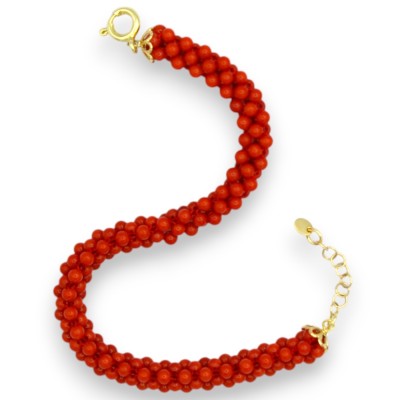 Geflochtenes Rotes Korallenarmband, L ca. 21 cm, 925 Silberverschluss, vergoldet - 