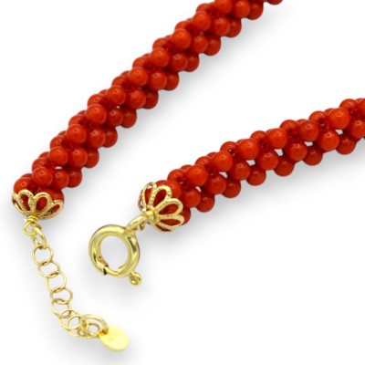 Geflochtenes Rotes Korallenarmband, L ca. 21 cm, 925 Silberverschluss, vergoldet - 