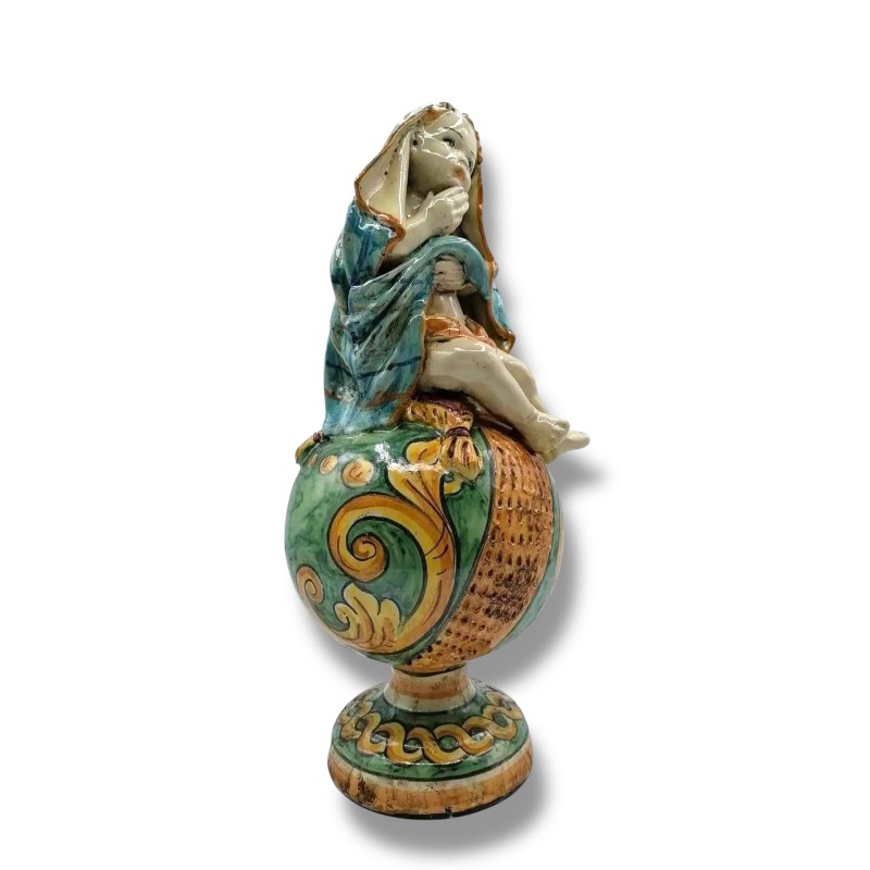 Putto on sphere in precious Caltagirone ceramic - antique opaque enamel - Verdigris colour - 
