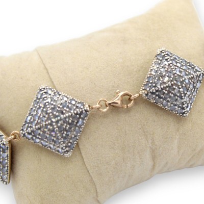 Bracelet losange, style sicilien antique, argent rose 925, longueur 22 cm, cristaux brunis, fermoir mousqueton - 
