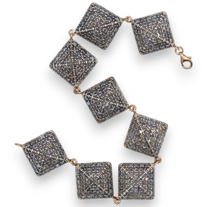 Pulsera de rombos, estilo siciliano antiguo, plata rosa 925, 22 cm de largo, cristales bruñidos, cierre de mosquetón - 