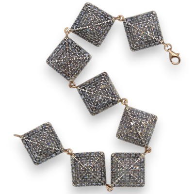 Bracelet losange, style sicilien antique, argent rose 925, longueur 22 cm, cristaux brunis, fermoir mousqueton - 