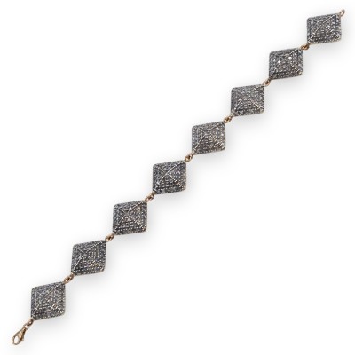Pulsera de rombos, estilo siciliano antiguo, plata rosa 925, 22 cm de largo, cristales bruñidos, cierre de mosquetón - 