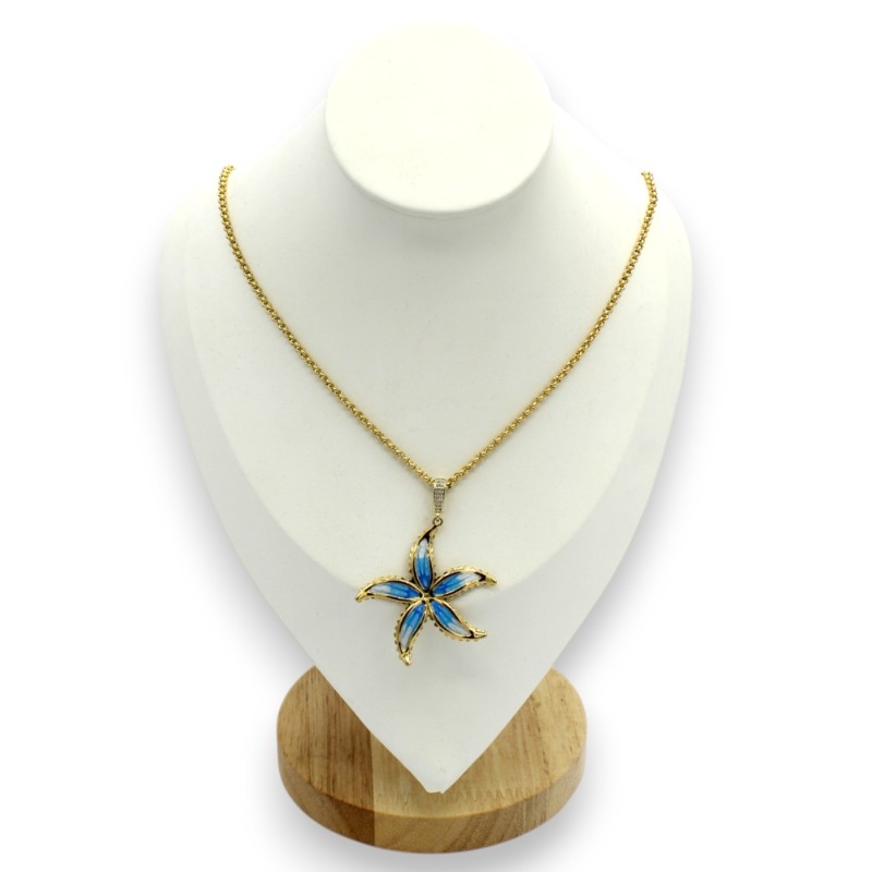 Collana in Acciaio inossidabile placcato oro con ciondolo Fiore Turchese smaltato, L 52 + 5 cm ca. - 