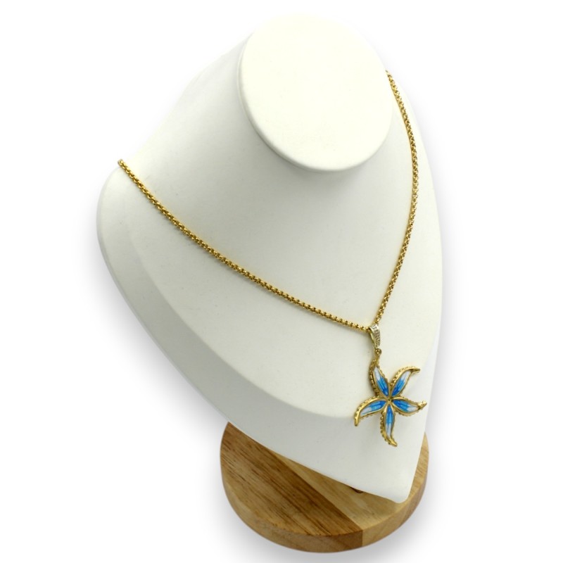 Gold-plated stainless steel necklace with enamelled turquoise flower pendant, length approx. 52 + 5 cm. - 