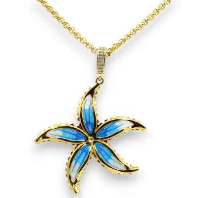 Gold-plated stainless steel necklace with enamelled turquoise flower pendant, length approx. 52 + 5 cm. - 