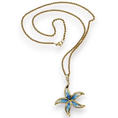 Gold-plated stainless steel necklace with enamelled turquoise flower pendant, length approx. 52 + 5 cm. - 