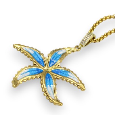 Collar de acero inoxidable bañado en oro con colgante de flor de turquesa esmaltada, largo aprox. 52 + 5 cm. - 