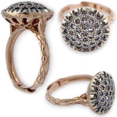 Toppa Ring, Antik Siciliansk Stil, 925 Rosé Silver, Brunerade Kristaller, Justerbar Storlek - 