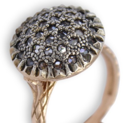 Toppa Ring, Antik Siciliansk Stil, 925 Rosé Silver, Brunerade Kristaller, Justerbar Storlek - 