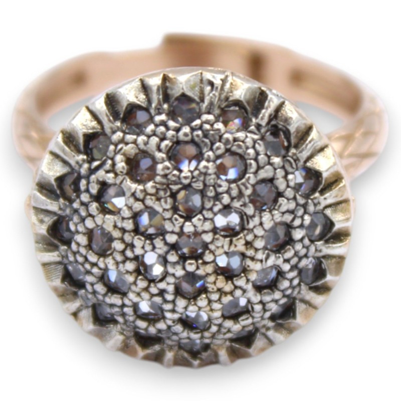 Bague Toppa, style sicilien antique, argent rose 925, cristaux brunis, taille ajustable - 