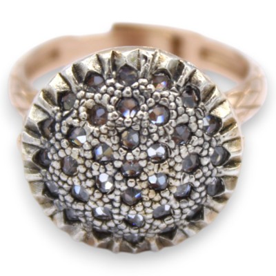 Toppa Ring, Antik Siciliansk Stil, 925 Rosé Silver, Brunerade Kristaller, Justerbar Storlek - 