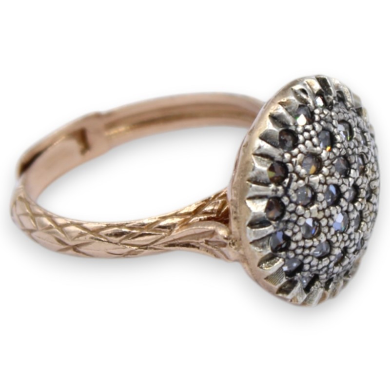 Toppa Ring, Antik Siciliansk Stil, 925 Rosé Silver, Brunerade Kristaller, Justerbar Storlek - 