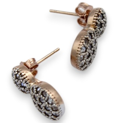 Orecchini Toppa, Stile Antico Siciliano, Argento 925 Rosé - h 2 cm, Cristalli Bruniti - 