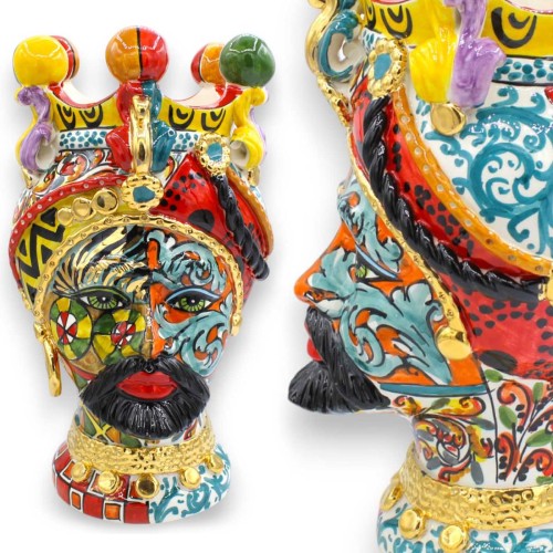 Sicilianska moriska huvuden (1 enhet) ca 35 cm höga. Caltagirone keramik, ÉLITE-serien, flerfärgad, 24k rent guld emalj. 2