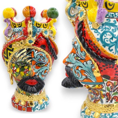 Sicilianska moriska huvuden (1 enhet) ca 35 cm höga. Caltagirone keramik, ÉLITE-serien, flerfärgad, 24k rent guld emalj.