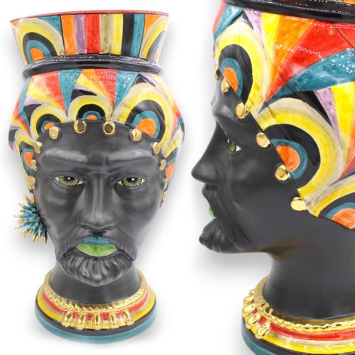 Sicilianska moriska huvuden (1 enhet) ca 44 cm höga, Caltagirone-keramik, DAFNE-modell, Misson-dekoration, 24k guld emalj