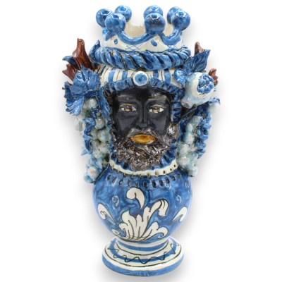Janus met twee gezichten op een bol, kop met twee gezichten, ca. 24 cm hoog, Caltagirone keramiek, Kroon, Druiven, Grana