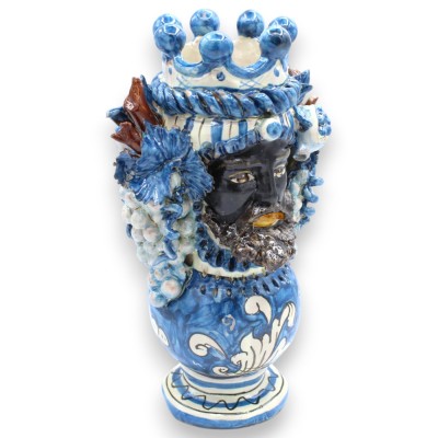 Dwulicowy Janus na kuli, głowa o dwóch twarzach, wys. ok. 24 cm, ceramika Caltagirone, korona, winogrona, granat, kolor 