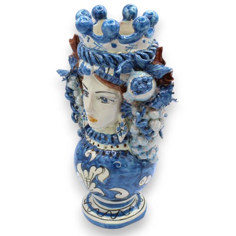 Dwulicowy Janus na kuli, głowa o dwóch twarzach, wys. ok. 24 cm, ceramika Caltagirone, korona, winogrona, granat, kolor 