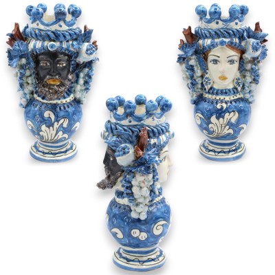 Janus met twee gezichten op een bol, kop met twee gezichten, ca. 24 cm hoog, Caltagirone keramiek, Kroon, Druiven, Grana