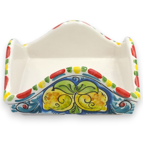 Serviettenhalter, Caltagirone-Keramik, ca. 20 x 20 x 9 cm hoch. Dekoriert mit Kaktusfeige, Wagenrad und Zitronen. -  2