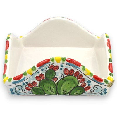 Porta tovaglioli, ceramica Caltagirone, L 20 x 20 x h 9 cm ca. Decoro Ficodindia, Ruota Carretto e Limoni - 