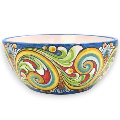 Salatschüssel/Spaghettischüssel, Caltagirone-Keramik, Ø ca. 30 cm, mehrfarbiges Barockdekor, blauer Hintergrund