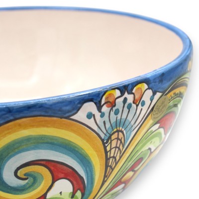 Salatschüssel/Spaghettischüssel, Caltagirone-Keramik, Ø ca. 30 cm, mehrfarbiges Barockdekor, blauer Hintergrund