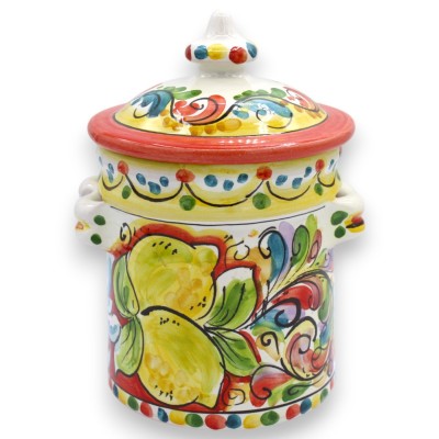 Großes Gefäß mit Deckel, Caltagirone-Keramik, ca. 18 x 12 cm. Vielfach dekoriert und mehrfarbig.
