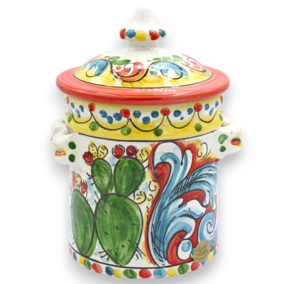 Großes Gefäß mit Deckel, Caltagirone-Keramik, ca. 18 x 12 cm. Vielfach dekoriert und mehrfarbig.