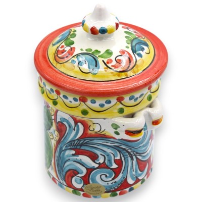 Großes Gefäß mit Deckel, Caltagirone-Keramik, ca. 18 x 12 cm. Vielfach dekoriert und mehrfarbig.