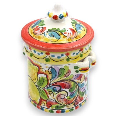 Großes Gefäß mit Deckel, Caltagirone-Keramik, ca. 18 x 12 cm. Vielfach dekoriert und mehrfarbig.