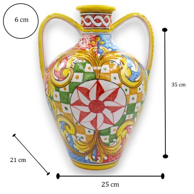 Vaso Quartara, h 35 x 25 cm ca. ceramica Caltagirone, decoro Carretto Siciliano