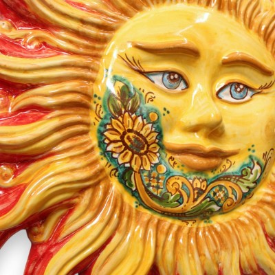 Giant Caltagirone ceramic sun - Ø 58 cm approx. with face, sunflower decoration, yellow background, red rays