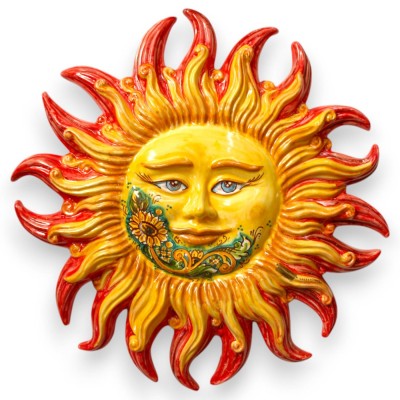 Giant Caltagirone ceramic sun - Ø 58 cm approx. with face, sunflower decoration, yellow background, red rays