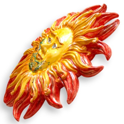 Giant Caltagirone ceramic sun - Ø 58 cm approx. with face, sunflower decoration, yellow background, red rays